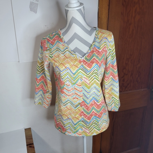 Womans J JIll Multicolor Chevron Print 3/4 Sleeve V-necks Font and Back Size Sm - Picture 2 of 11